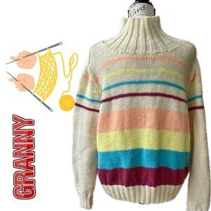 GRANNY SQUARE CHUNKY WOOL SWEATER MOCK NECK COLOR POP Sz M ECLECTIC GRANDPA CORE